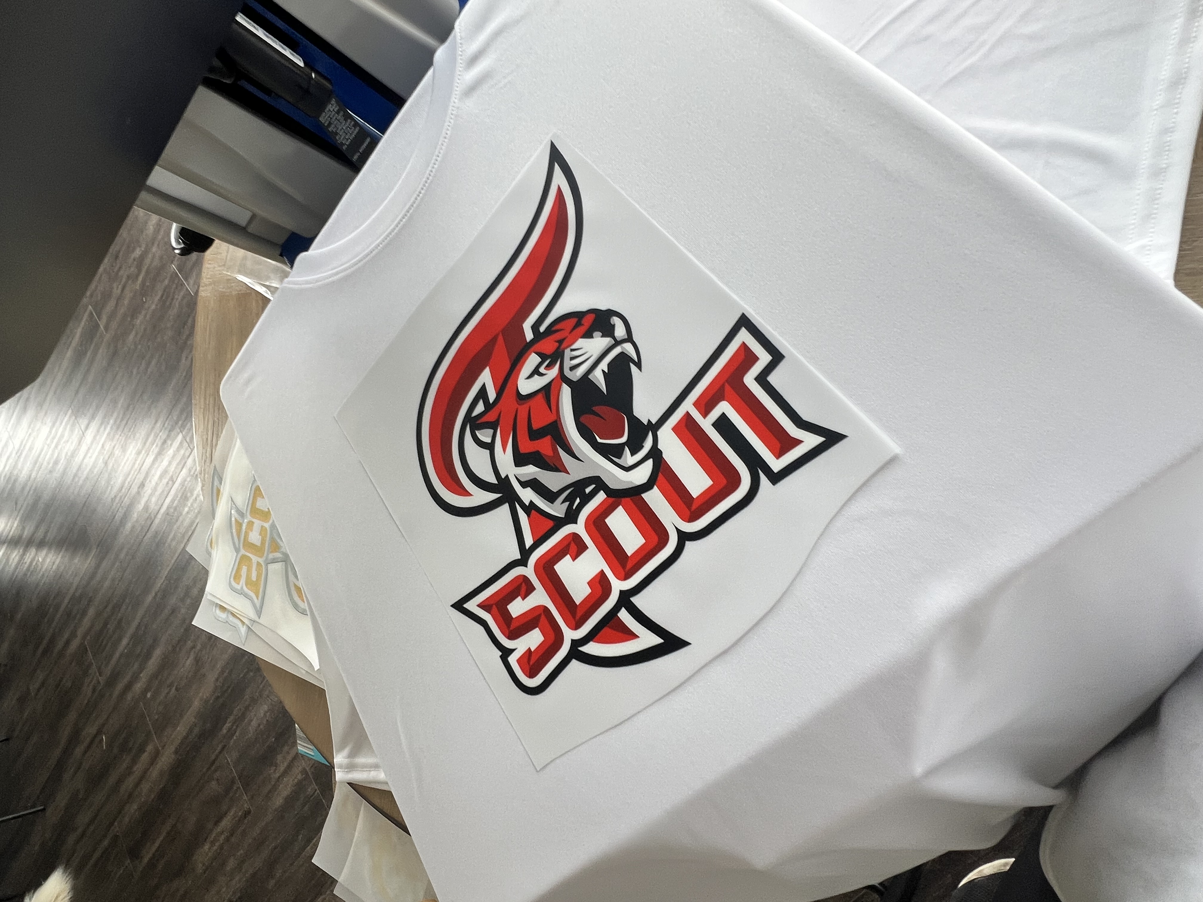 Scout team shirt with transfer positioned for production